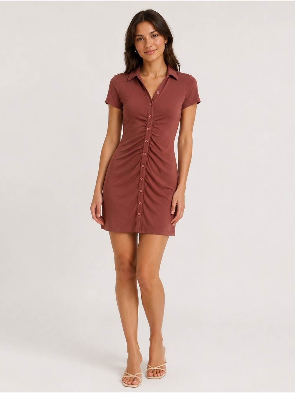 Ruched Polo Button-Front Wilfred Dress - Brick Red
